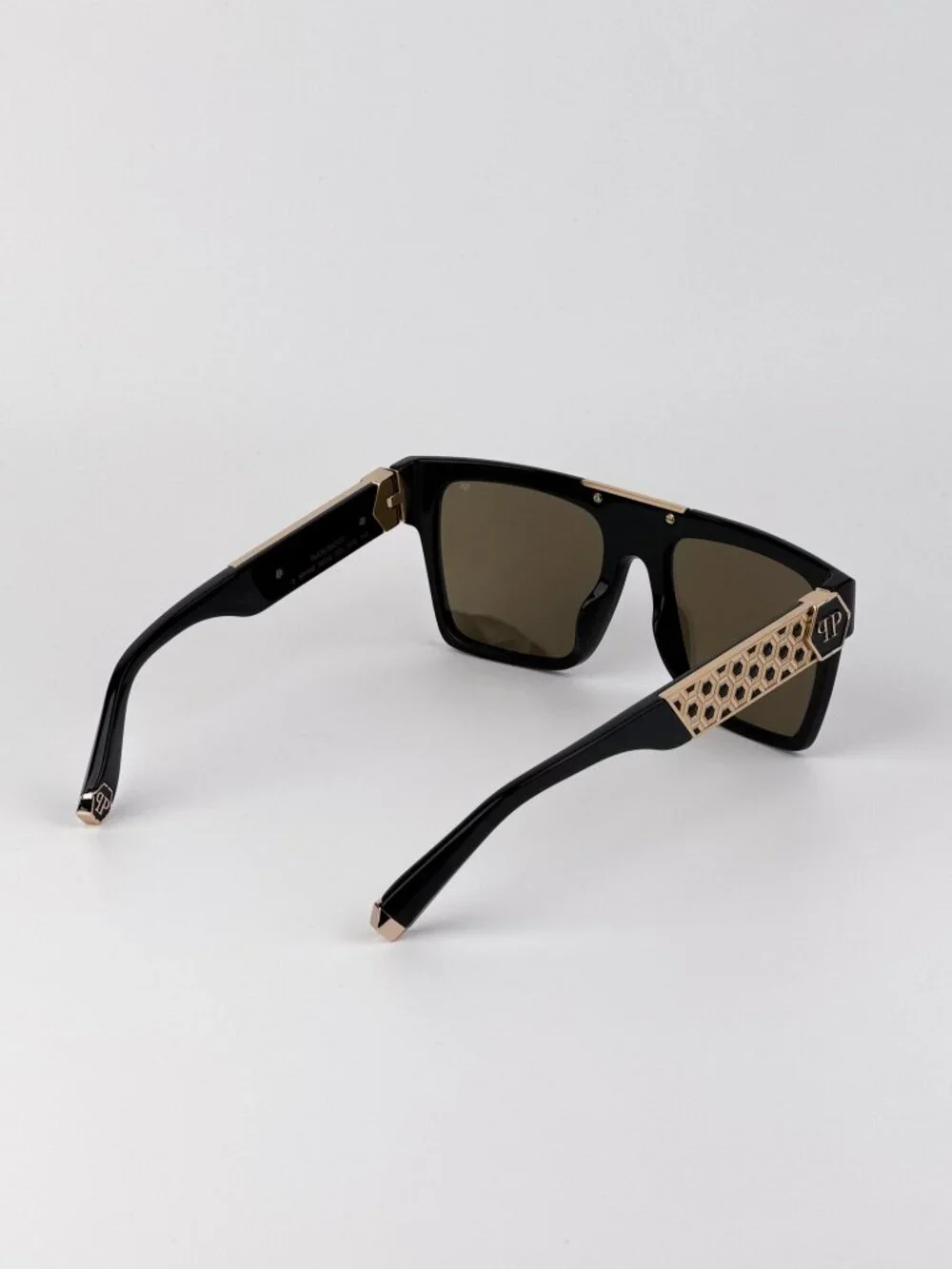 Philipp Plein Unisex Sunglasses Black Gold Mirror Square Frames SPP080 700G NEW